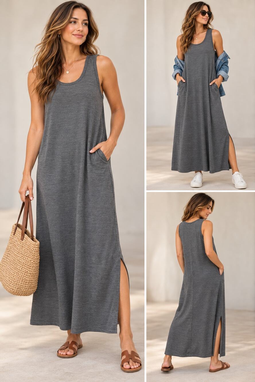 wool& Audrey Merino Wool Tencel Maxi Dress XXL Gray Sleeveless Pockets